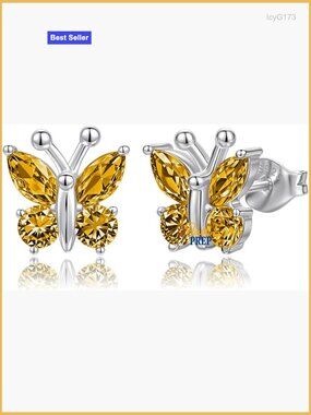 Sterling Silver Butterfly Stud Earrings with Citrine Birthstone